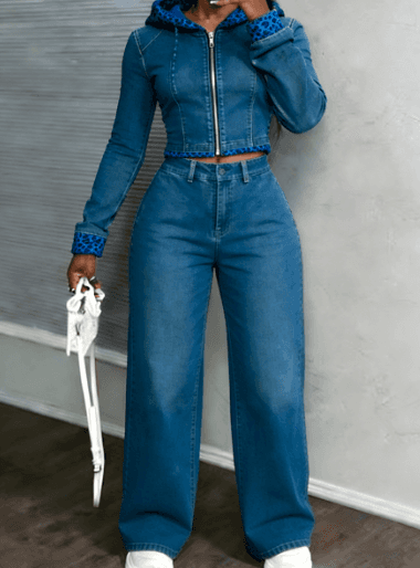 Color-blocking Leopard Print Spliced Denim Hooded Cropped Top Wide-leg Pants Two-piece Set