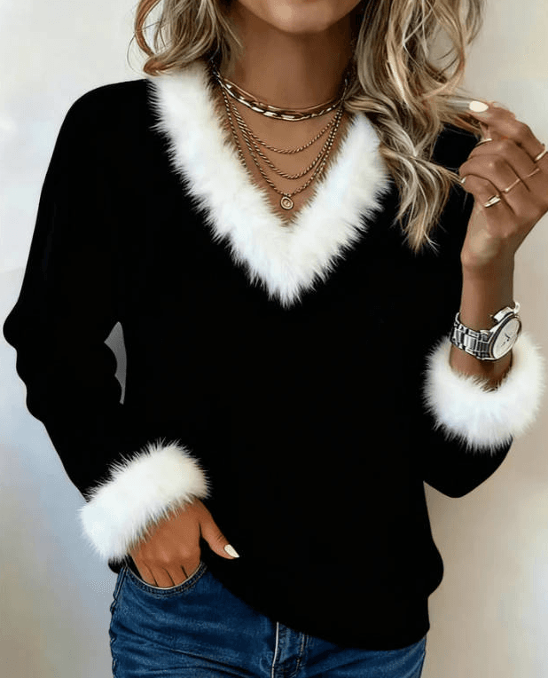 Casual V-neck Long-sleeved Fitted Top With Plush Trim