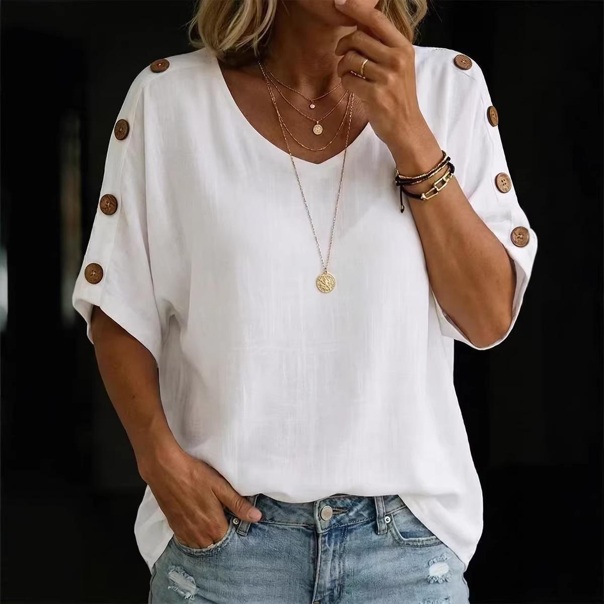 Casual Fashion Buttoned Crew-Neck Pullover Womens T-Shirt