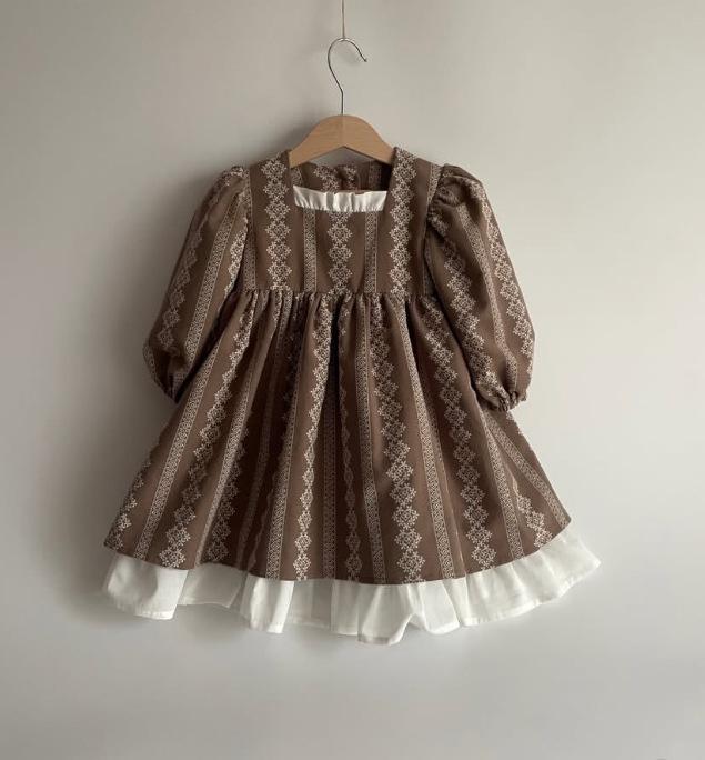 Printed Color Block Court-Style Forest-Feel Long-Sleeve Dress