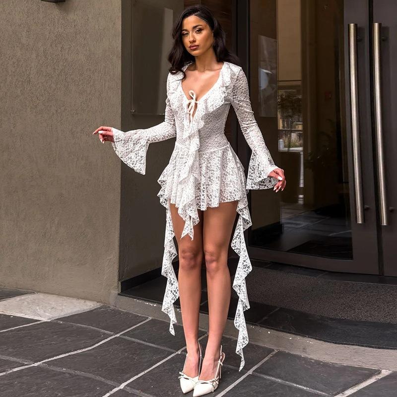 Lace-up Deep V Micro-cut Sleeve Tight-fitting Cinched Lace Dress