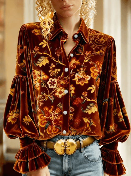 Casual Stand-up Collar Floral Print Puff Sleeve Long-sleeved Shirt