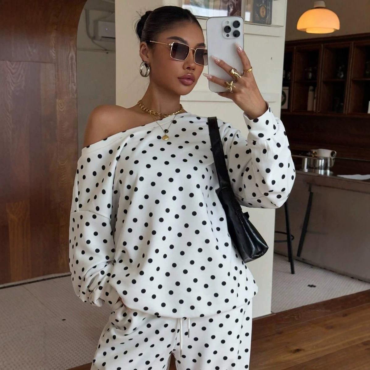 Polka-dot Print Long-sleeve Pants Casual Loose-fitting Set