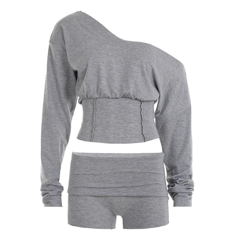 Womens Fashionable Simple Casual Off-Shoulder Long-Sleeve Set