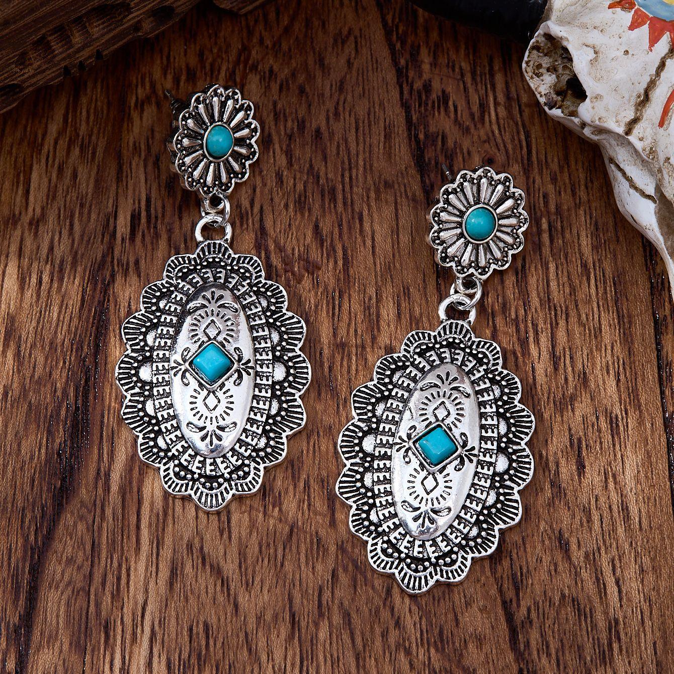 Geometric Carved Exaggerated Drop Earrings Antique Silver Color
