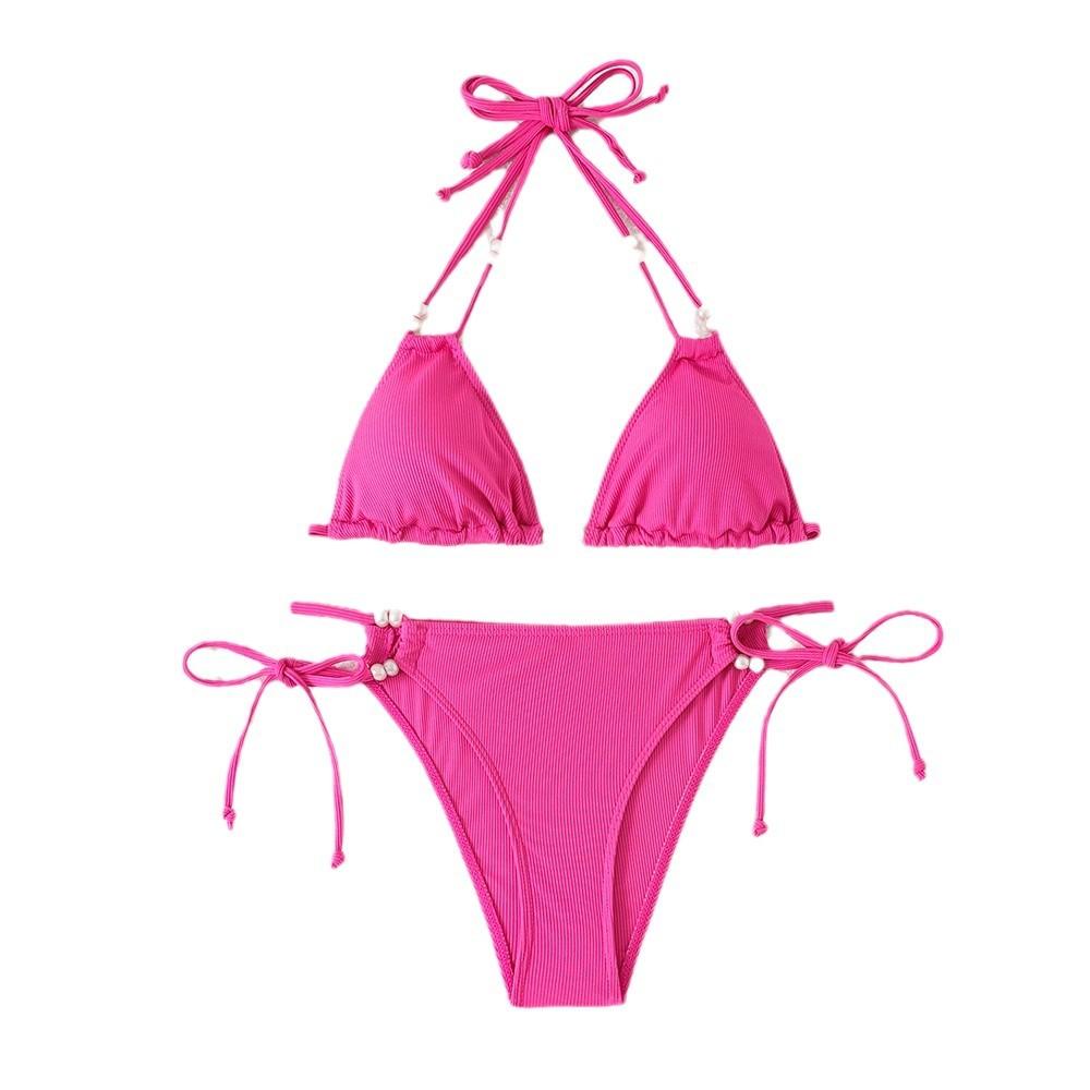 Separate Swimsuit Solid Color Deep V-neck Halter-style Lace-up Sexy Bikini