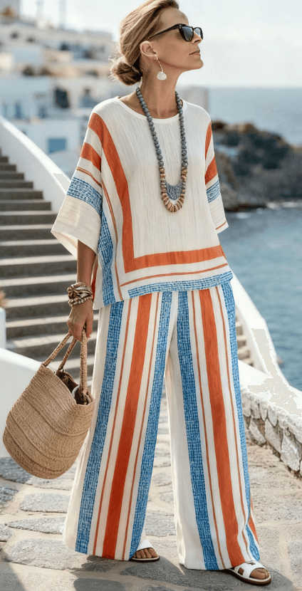 Summer Striped Suits Loose Batwing Sleeve T-shirt And Solid Straight-leg Pants