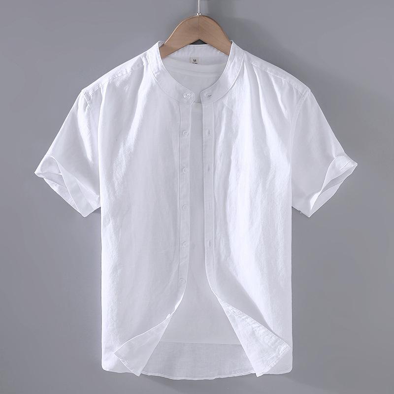 Solid-color Linen Shirt Mens Short-sleeve Casual Top