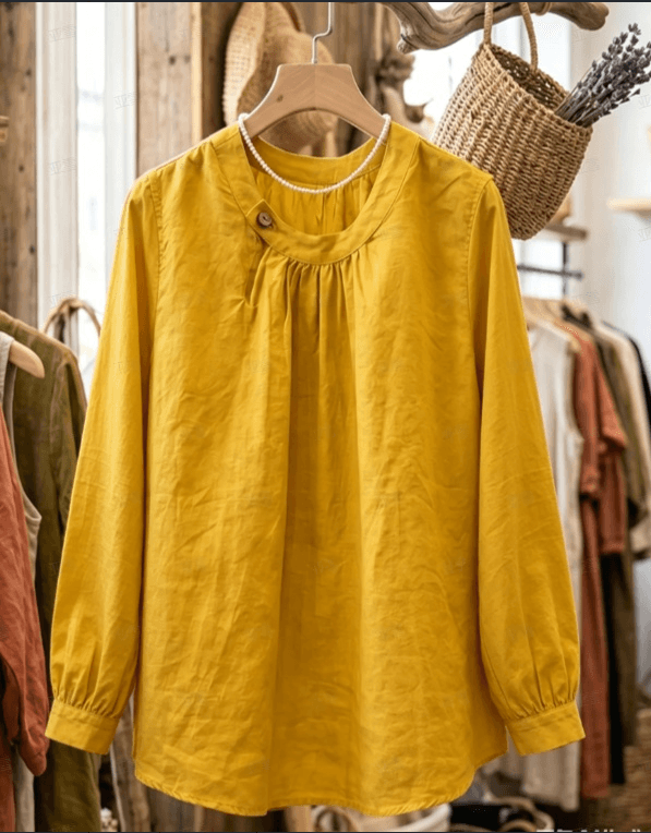 Women's Mustard Yellow Linen-Blend Blouse, Round Neck Long Sleeve Loose Casual Top With Button Detail