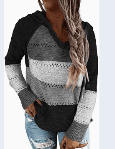 Color Blocking Hollowed Out Striped Hooded Knitted Long Sleeved Top