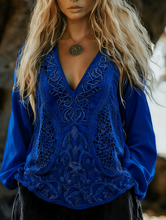 Ethnic Style Hollowed-out Embroidered V-neck Top