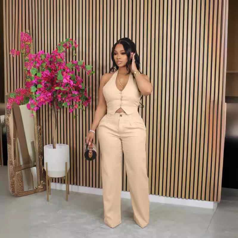 Solid-color V-neck Halter Blazer Vest And Pants Set