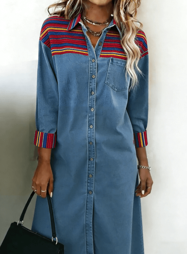 Retro-style Collared Women's Long-sleeved Midi Shirt Dress