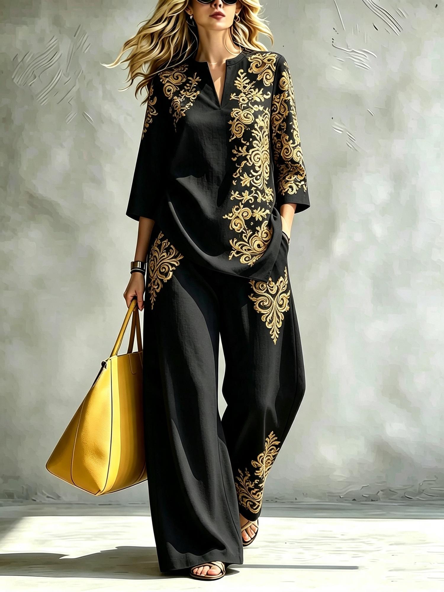 Womens Casual V-neck Three-quarter-sleeve Set With Collar