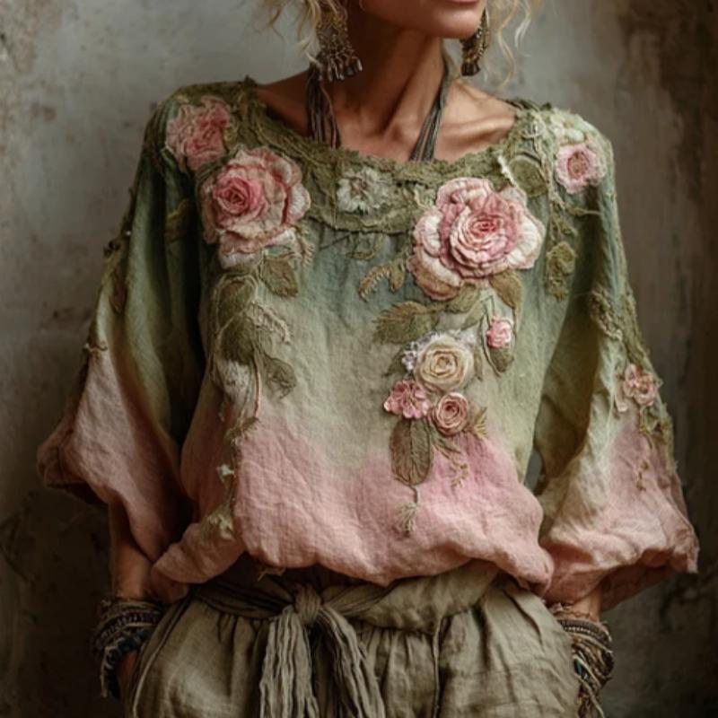 Vintage  Roses Gradient Linen Blouses