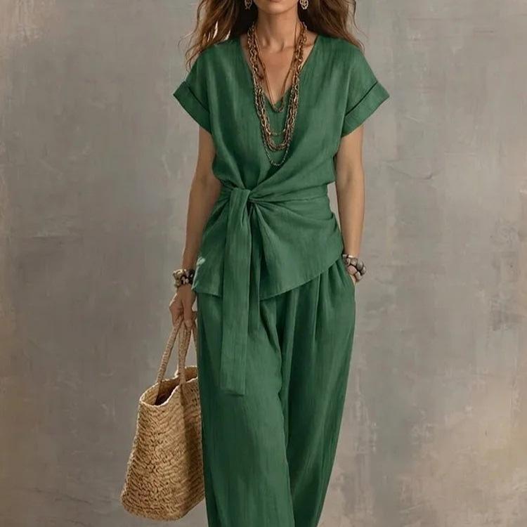 Waist-cinched V-neck Top And Solid-color Casual Pants Set