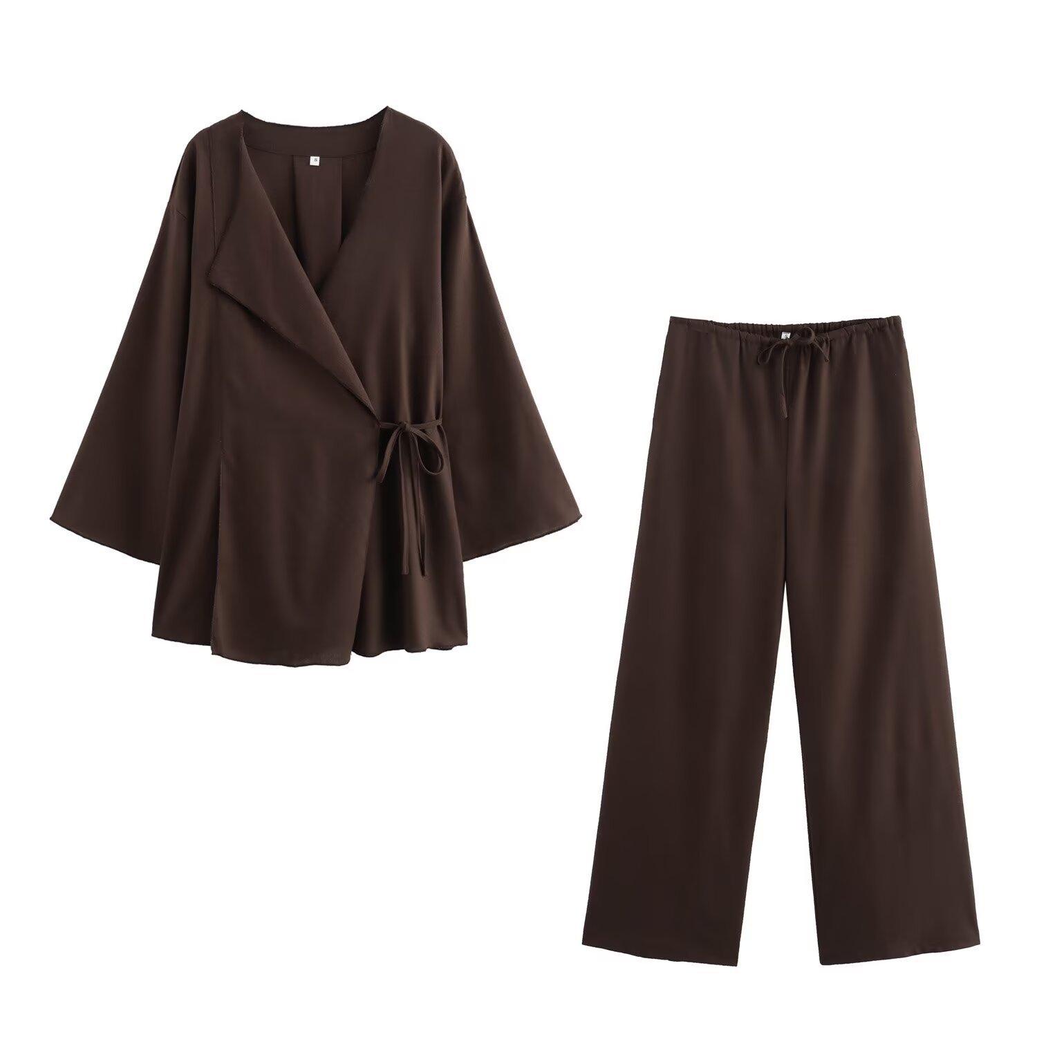 Womens Solid-color Elegant Tie-front Top And Flowing Wide-leg Split Trousers