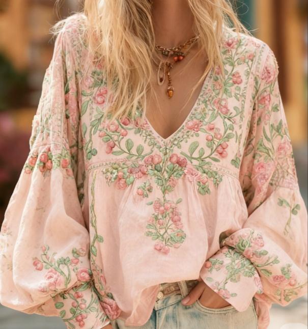 Floral Embroidery Casual V-neck Puff Sleeve Top