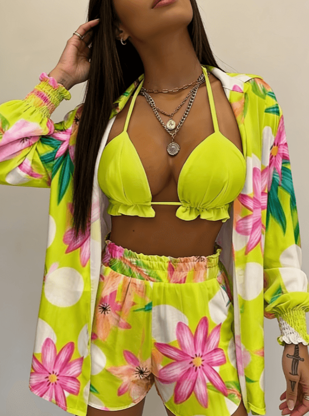 Women's Tropical Retro Floral Print Three-Piece Set