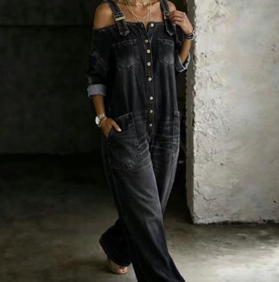 Fashionable Sexy Off-Shoulder Suspender Pocket Denim Jumpsuit