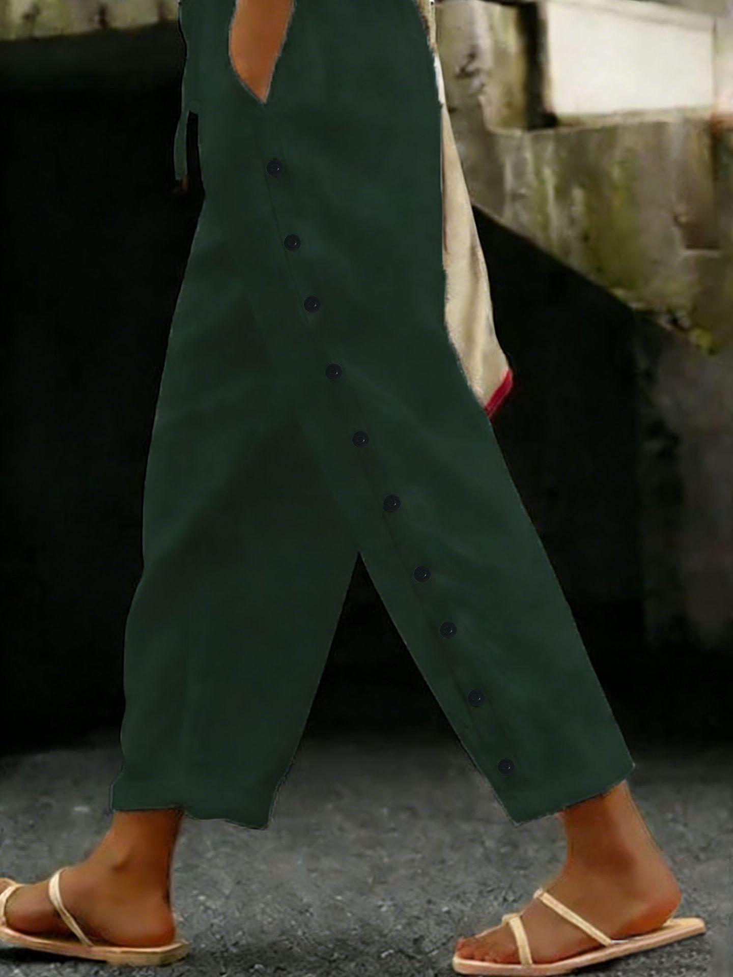 Womens Casual Patchwork Button Cropped Pants