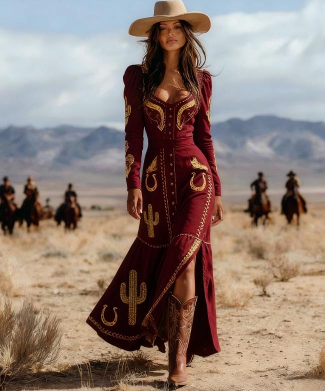 Western-style Printed Fitted Long-sleeved Dress