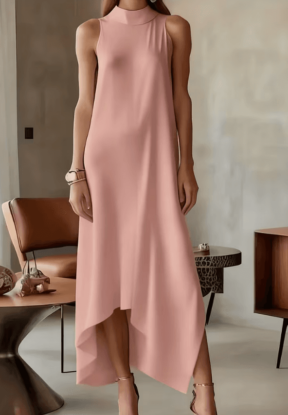 Women's Minimalist Elegant Sleeveless High-neck Midi Dress With Irregular Hem