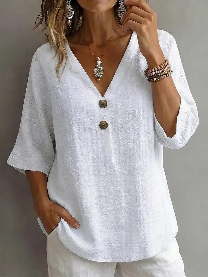 V-neck Button-up Loose-fitting Top For Women