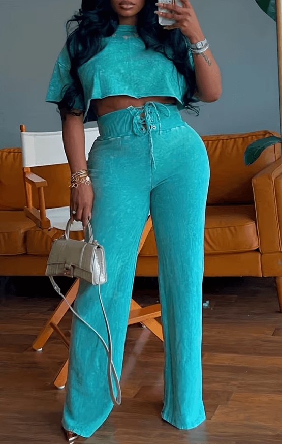 American Retro Round Neck Cropped Top  High-waisted Drawstring Wide-leg Pants Set For Women