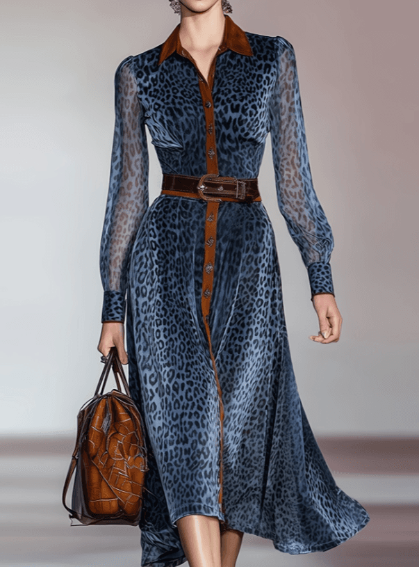 Printed Color-blocked Collared Fitted Shirt Dress