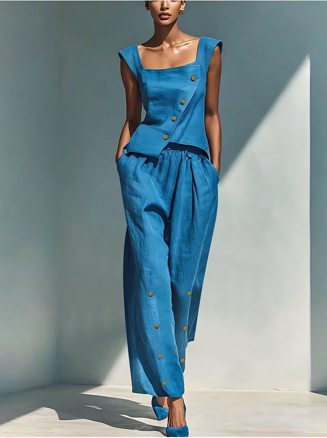 Square Neck Sleeveless Button Detail Cropped Vest And Elastic Waist Wide Leg Linen Pants Two Piece Set