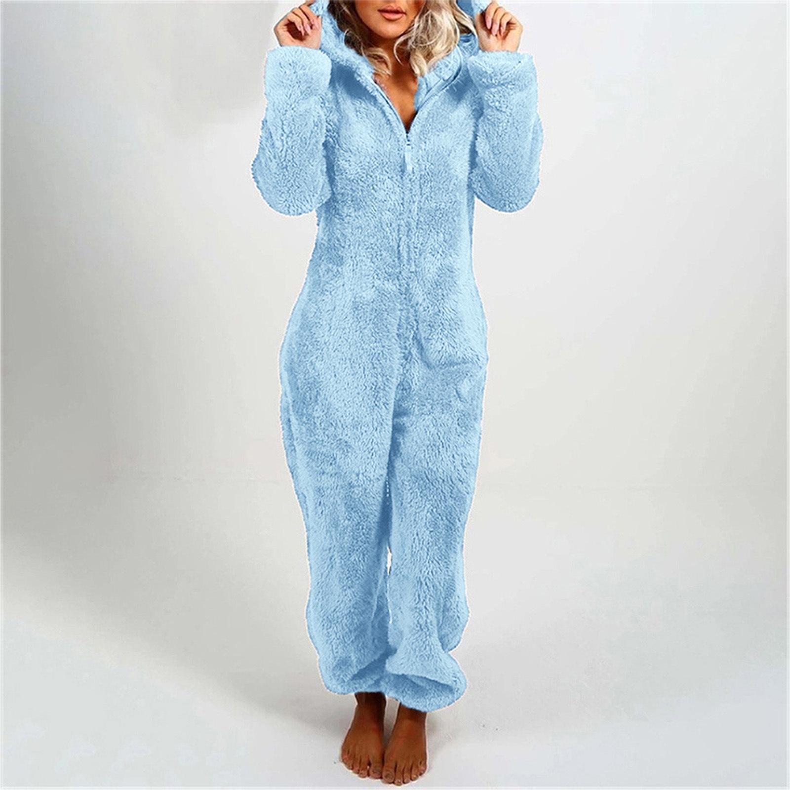 Fleece-lined Thickened Furry Jumpsuit Hooded Pajamas
