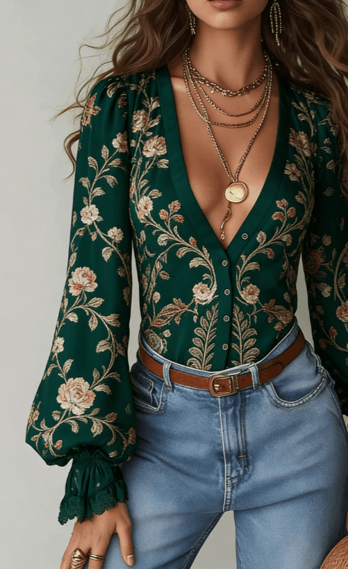 Paisley V-neck Puff Sleeve Women's Slim-fit Blouse