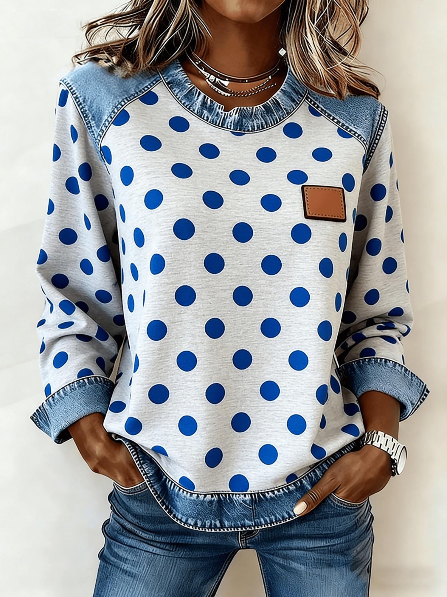 Casual Round Neck Color-blocked Printed Long-sleeved Loose Top