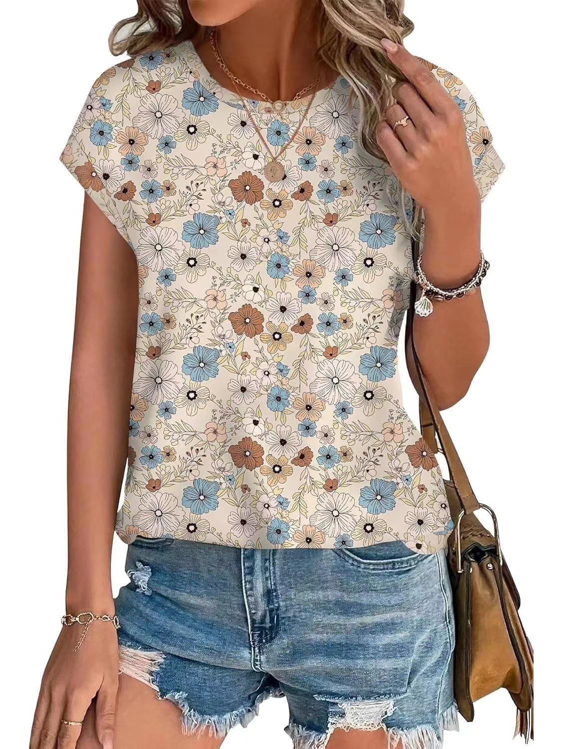 Women's Fashionable Floral Trendy Printed Crewneck Short-Sleeve T-Shirt