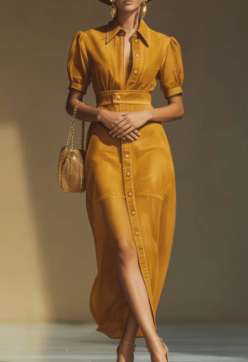 French Retro Bubble Sleeve Waist Cinching Long Skirt