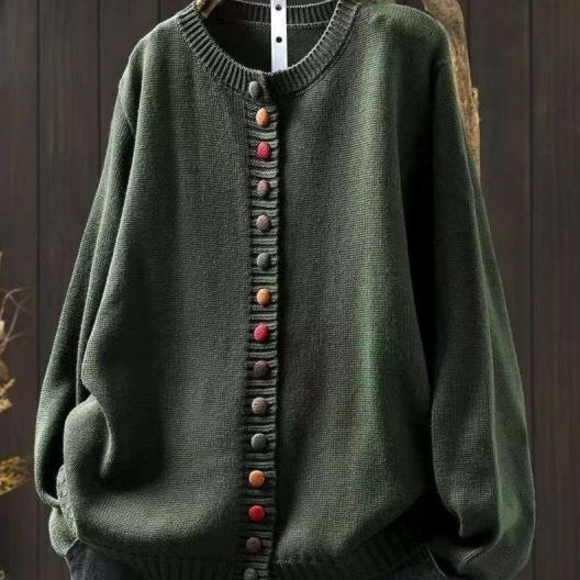 Women's Cotton Knitted Cardigan With Color Buckle Fashion Loose