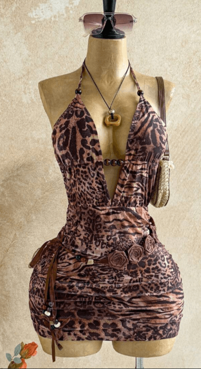 Y2K Leopard Print Halter Ruching Bodycon Dress