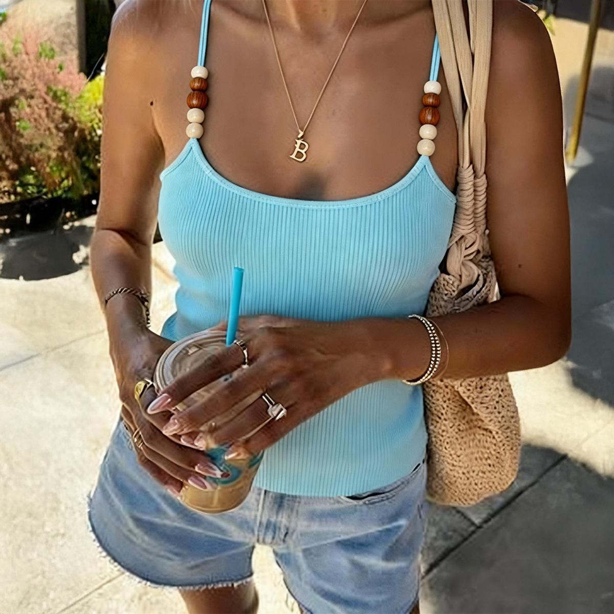 Spring Summer Womens Resort-style Wooden-bead Strap Vest