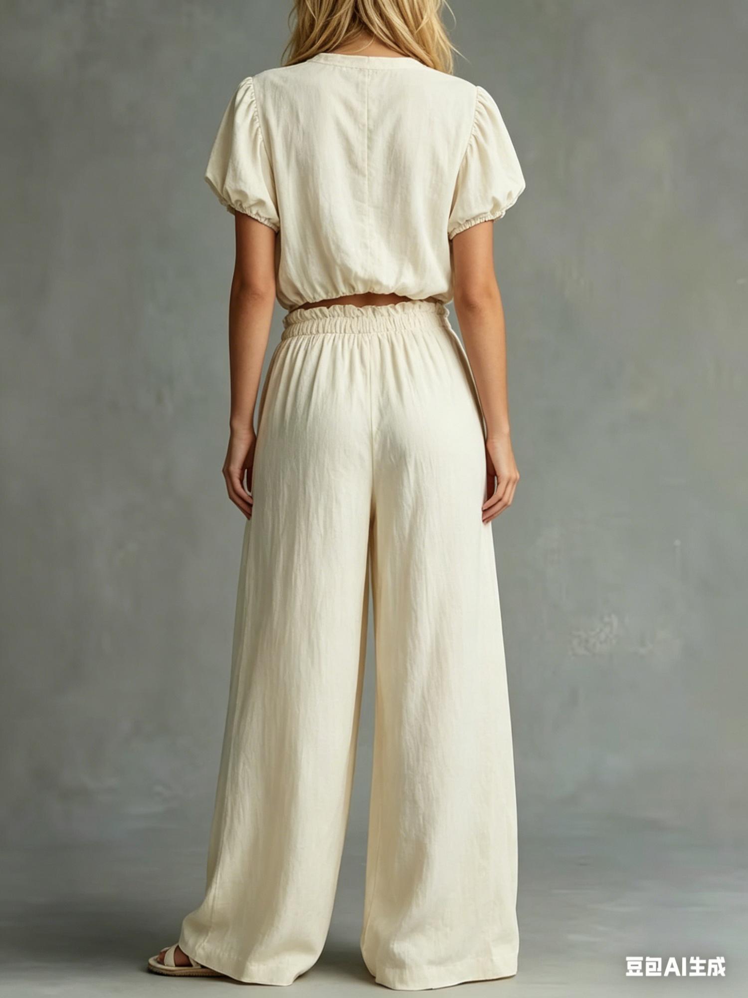 2026 New Light Blue Bubble Sleeve V-neck Short Top Elastic Waist Wide Leg Pants Set
