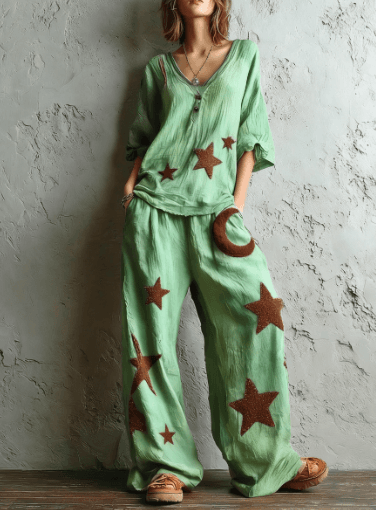 Bohemian-style Loose Top With Star And Moon Print - Wide-leg Pants Two-piece Set