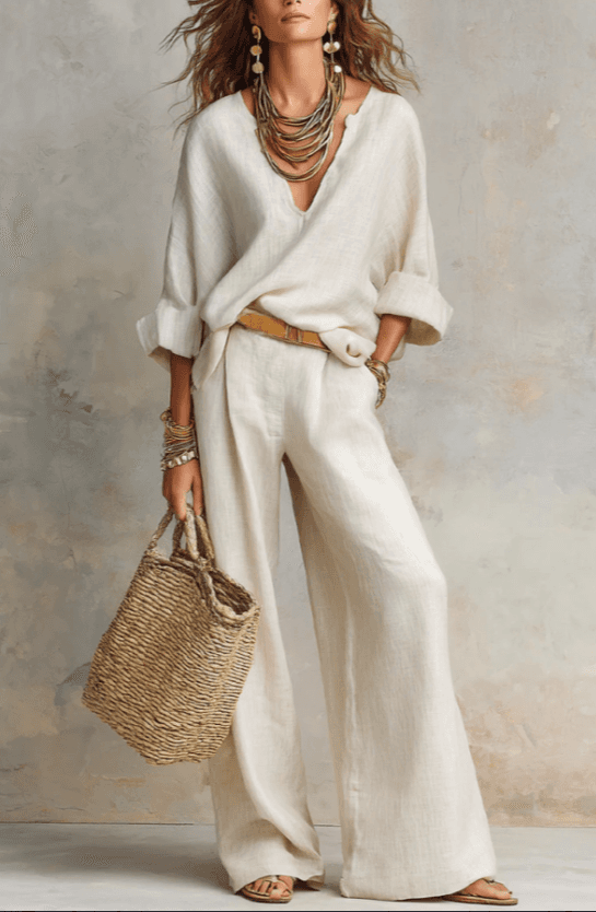 Relaxed Linen-Style V-Neck Batwing Sleeve Wide-Leg Pants Two-Piece Set