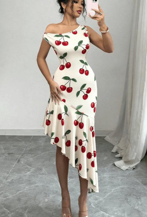 French-style Elegant Floral Print Off-shoulder Asymmetrical Fishtail Dress For Women