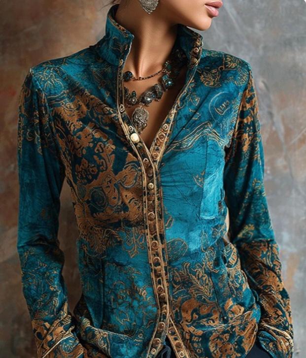 Retro Print Stand Collar Button-Down Slim Fit Long Sleeve Top