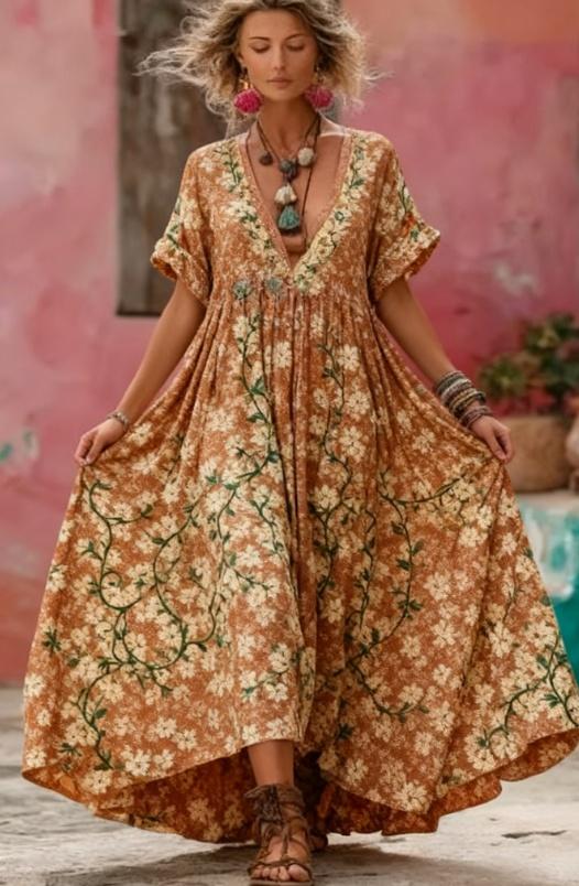 Women's Floral Embroidery Patchwork Art V-Neck Long Dress