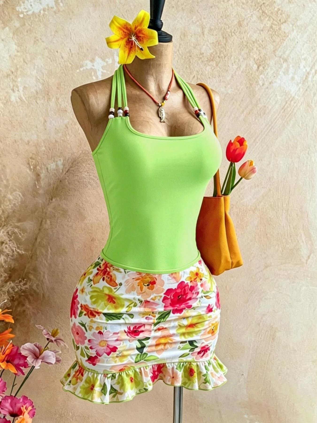 Beaded Halter Solid Tank Top And Floral Print Ruched Ruffle Mini Skirt Two Piece Set