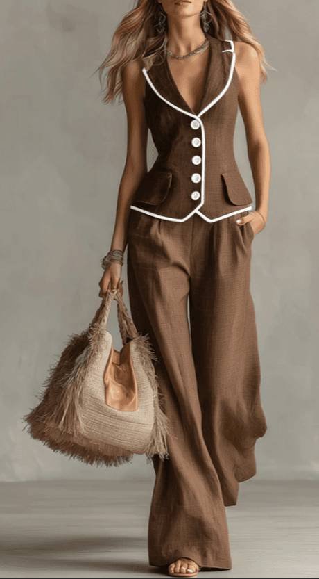 Contrast Trim Linen Vest Set
