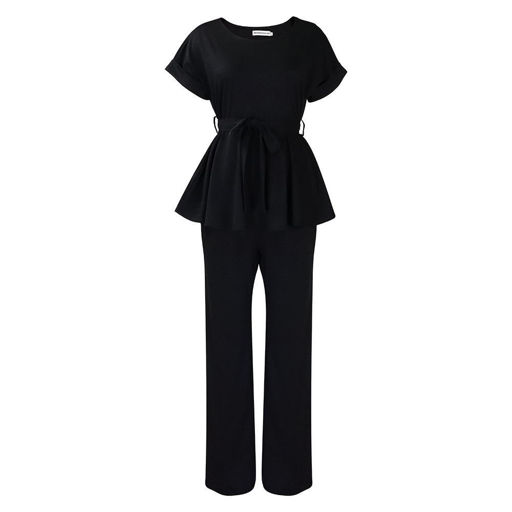 Solid Color Lace-up Top High Waist Wide Leg Pants Fashion