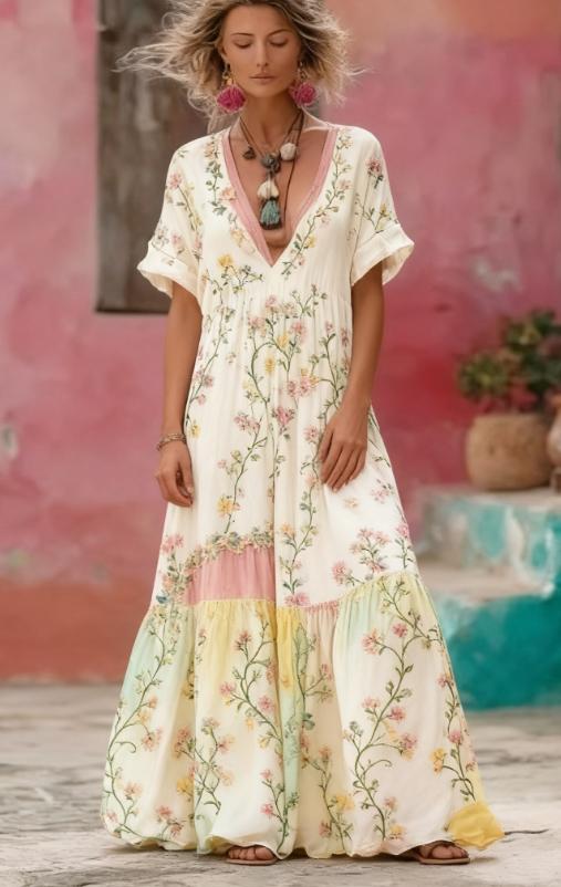 Women's Floral Embroidery Patchwork Art V-Neck Long Dress