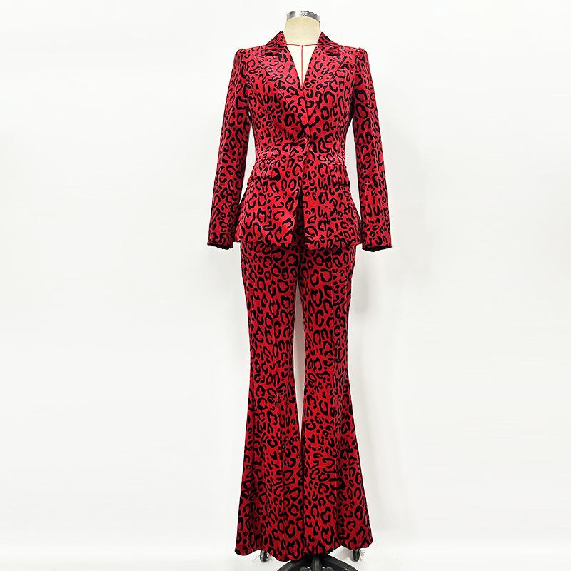 Leopard Print Single Button Blazer & Flared Floor Pants 2-Piece Suit Set